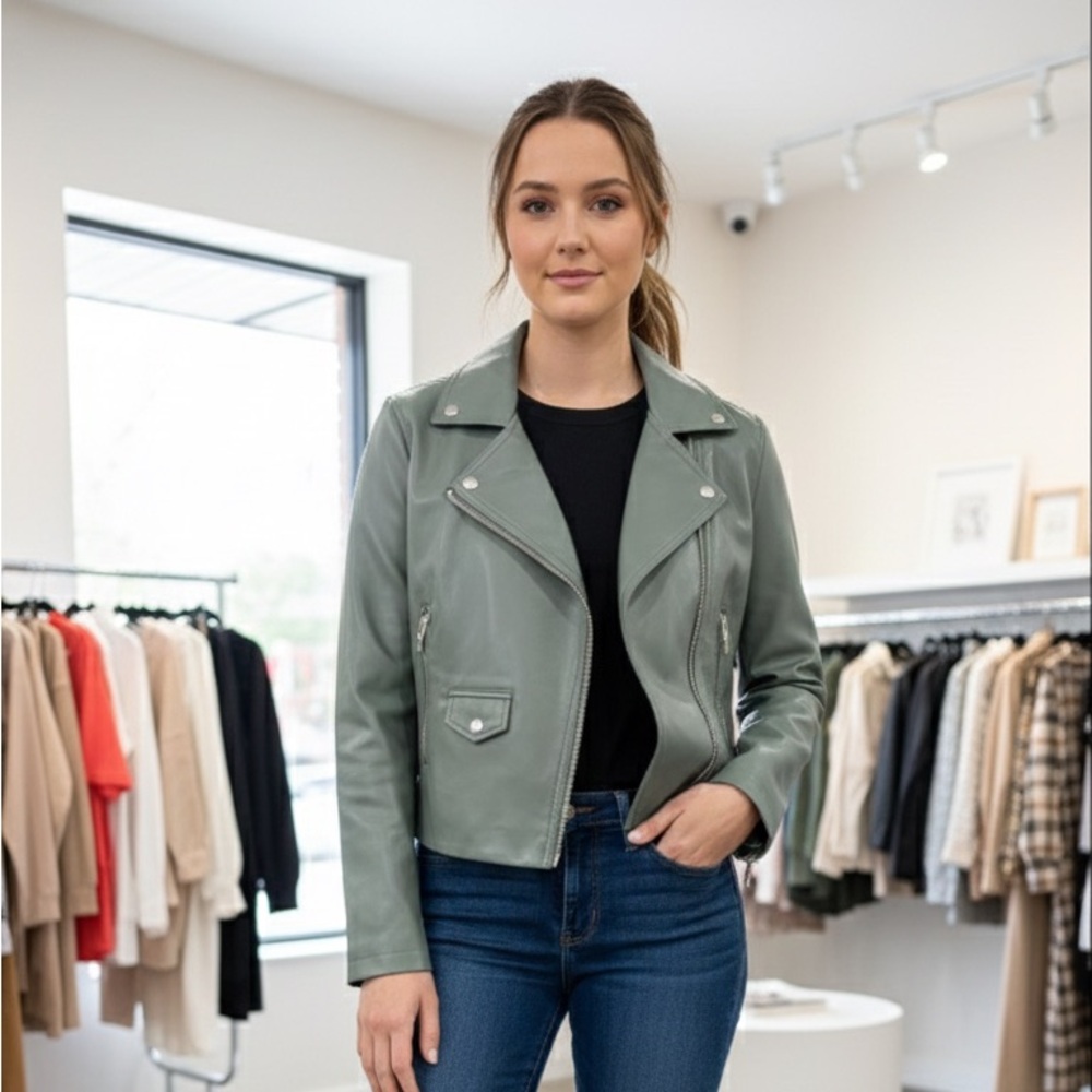 BLANKNYC Faux Leather Moto Jacket – Sage Green – size S
